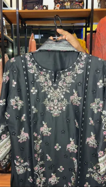 Pakistani Original Hayat’s Embroidered Stitched Cotton 3Pcs _ Black 